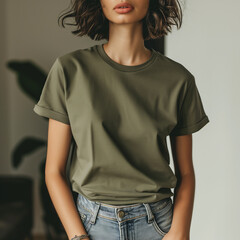 Obraz premium Khaki T-shirt Mockup, Woman, Girl, Female, Model, Wearing a Khaki Tee Shirt and Blue Jeans, Oversized Blank Shirt Template, White Background, Close-up View