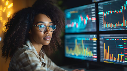 Broker trader business woman with glasses market analyst studding charts in front of computer display setup, financial technology concept - obrazy, fototapety, plakaty