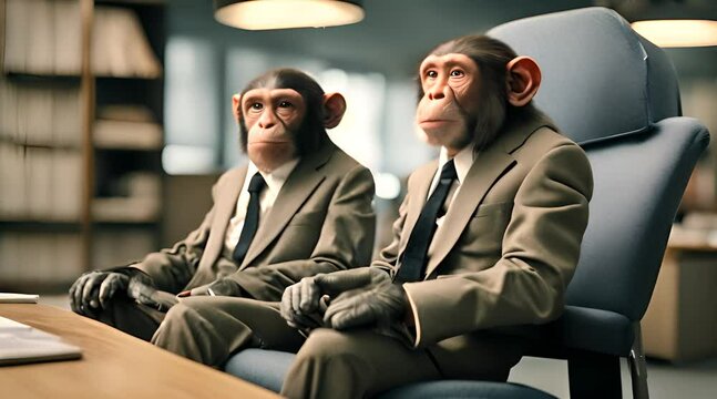Generated video with AI. Animation of monkeys in suits sitting at desk in modern office. Monkeys acting people. Portraits of marmosets dressed like office clerks. Office life concept. Somewhere in