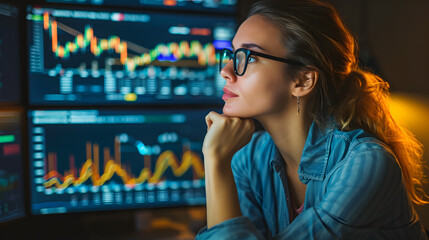 Broker trader woman business market analyst studding charts in front of computer display setup, financial technology concept - obrazy, fototapety, plakaty