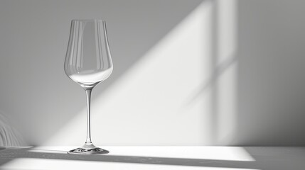  a wine glass sitting on a table with a shadow cast on the wall behind it and a light coming through the window behind the glass is casting a shadow on the wall.