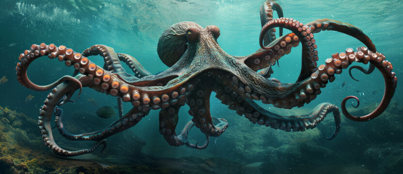 Majestic octopus gliding through sunlit waters, its tentacles undulating with the rhythm of the ocean's pulse