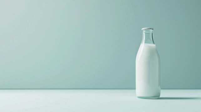  a bottle of milk sitting on a table with a light green wall in the background and a light blue wall in the middle of the room to the right of the bottle.