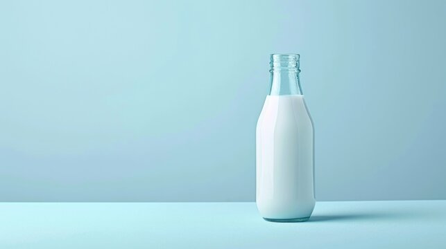  a bottle of milk on a table with a light blue wall in the background and a light blue wall to the left of the bottle and a light blue wall to the right of the left.