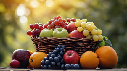 basket of fruits,  organic fruit on basket on blur nature background