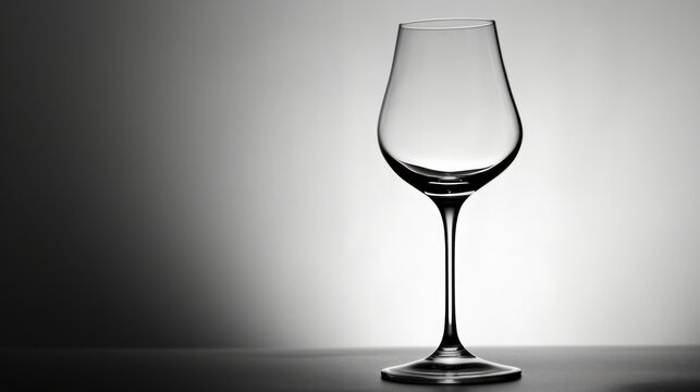 a wine glass sitting on a table in front of a white background with a shadow of a wine glass on the table in front of a black and white background.