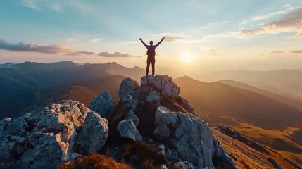 Deurstickers Positive man celebrating on mountain top, with arms raised up © Huong