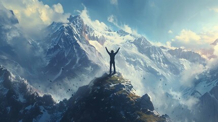 Positive man celebrating on mountain top, with arms raised up - obrazy, fototapety, plakaty