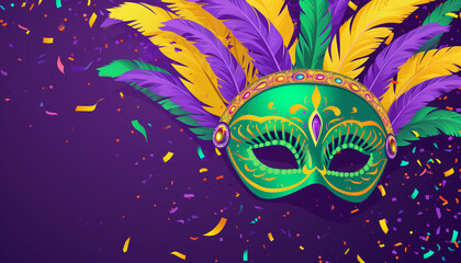 Fototapeta na wymiar Green Mardi Gras masquerade or mask, with colorful feathers, on top of a purple background with confetti