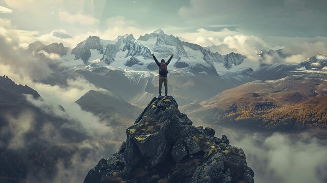 Positive Man Celebrating On Mountain Top, With Arms Raised Up