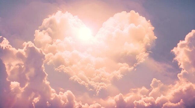St. Valentine Day. Heart shaped cloud. Love in is the air. AI generated. True love background with copy space. Heart cloud on blue sky. Heart Shape Cloud Symbol Animation on Cloud Blue Sky. HD