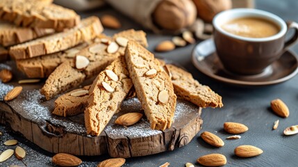 a pile of almond biscuits sitting on top of a wooden cutting board next to a cup of coffee and a plate of almonds on a wooden table.