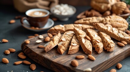  a wooden cutting board topped with sliced almonds next to a cup of coffee and a plate of almonds on a table next to a plate of cookies and a cup of coffee.
