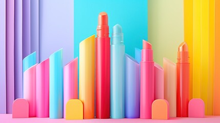 a group of different colored pens sitting next to each other on a pink, blue, green, yellow, and pink background with a rainbow - hued wall in the background.