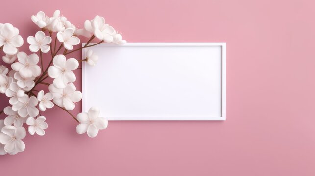 White sakura flowers with a square photo frame on a pink background. with a blank frame for text. Mother's Day, Happy Women's Day, Easter, Valentine's Day, and Birthday. Top view, copy space, and flat