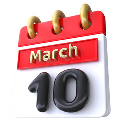 10th March Calendar Icon 3D Render , Calendar Icon 3D Illustration