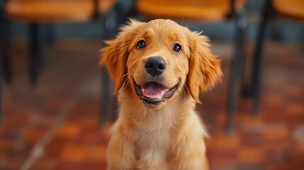 golden retriever portrait, an adorable Golden Retriever puppy eagerly learning new commands, illustrating its intelligence and trainability