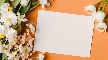  Blank paper sheet card  on orange background. Wedding invitation template. mockup,paper with leaves
