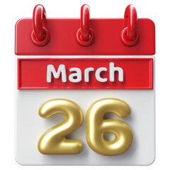 26th March Calendar Icon 3D Render , Calendar Icon 3D Illustration