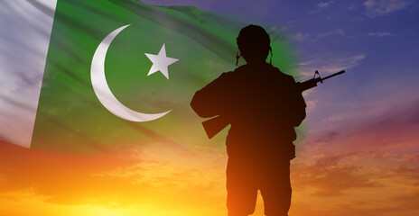 Soldier on Pakistan flag background. National holiday. 3d illustration - obrazy, fototapety, plakaty