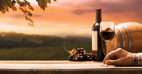 Senior winemaker holding a glass of wine and vineyard - obrazy, fototapety, plakaty