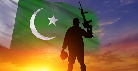 Fototapeta na wymiar Soldier on Pakistan flag background. National holiday. 3d illustration