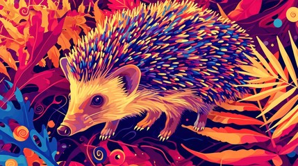  a painting of a porcupine on a colorful background with leaves and flowers in the foreground and an orange, yellow, blue, pink, purple, and yellow, and red background. - obrazy, fototapety, plakaty