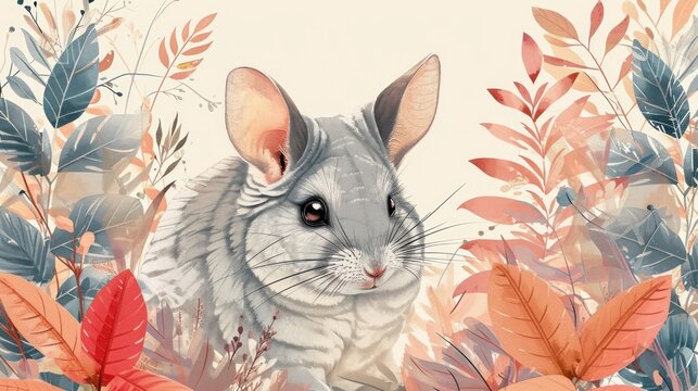  a painting of a gray and white mouse in a field of leaves and plants with red and green leaves on the right side of the mouse's face and the left side of the mouse's face.