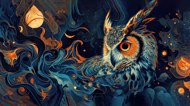  a painting of an owl with orange eyes sitting on a branch in front of a full moon and swirls of blue and orange on a dark night sky background.