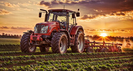 A red tractor diligently plows a fertile field, preparing the soil for cultivation and planting in a vibrant agricultural scene - obrazy, fototapety, plakaty