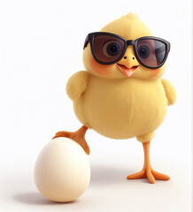 A baby yellow chick cartoon character in 3D, sporting sunglasses and casually resting a leg on an egg against a white background