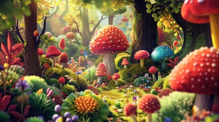  a painting of a forest filled with lots of different types of trees and mushrooms in the middle of a forest filled with lots of different colors and sizes of mushrooms. - obrazy, fototapety, plakaty