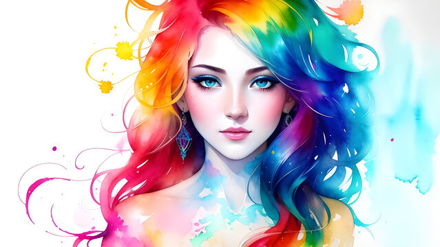 illustration water color of a beautiful asian woman with bright colorful hair © iLegal Tech