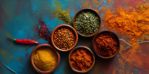 Diverse Middle Eastern Spices Adorn an Antique Wooden Table in a Stunning Array of Colors  - obrazy, fototapety, plakaty