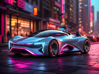 Neon Horizon Cruiser: Futuristic Wonder Car - obrazy, fototapety, plakaty