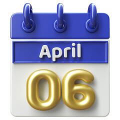 6th April Calendar Icon 3D Render , Calendar Icon 3D Illustration