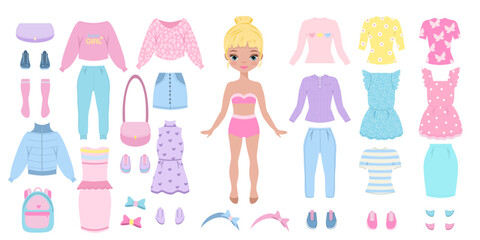 Paper doll clothes. Cute girl with clothes. Clothes set, collection. Vector illustration. Doll for children play. Cutouts. Fashion girl with jeans, skirt, dresses, coat, jacket, t shirt, hoodie. 