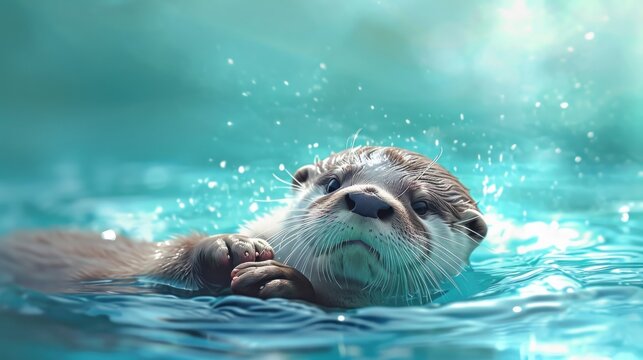  a close up of a sea otter swimming in a body of water with it's head above the water's surface and it's head above the water's surface.
