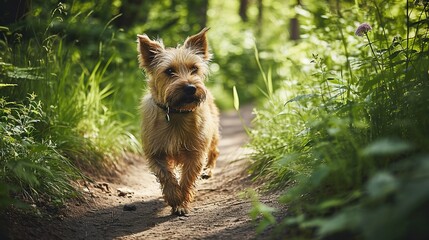 Happy dog in park, terrier on a path in the park. Created with Generative Ai technology. - obrazy, fototapety, plakaty