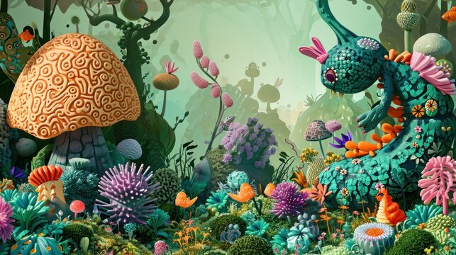  a painting of a forest filled with lots of different types of plants and animals, with a mushroom like structure in the middle of the center of the image,.