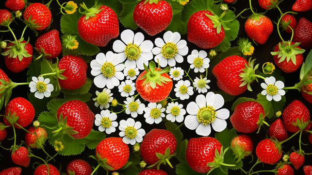Strawberries pictures in style of kaleidoscope art on black background. Elegant art of berries. 