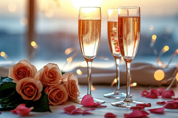 luxury elegant table setting Romantic dinner, two glasses of champagne  and roses, 
