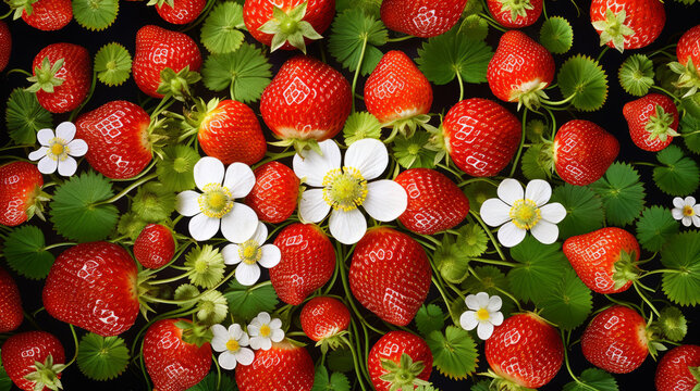 Strawberries pictures in style of kaleidoscope art on black background. Elegant art of berries. 