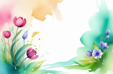 colorful watercolor illustration of flowers. floral frame with copy space on white background