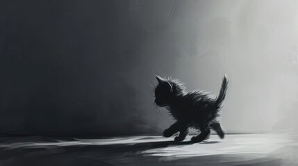  a black and white photo of a cat walking on a floor in a dark room with light coming through the window and a shadow of a cat on the floor.