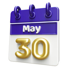 30th May Calendar Icon 3D Render , Calendar Icon 3D Illustration