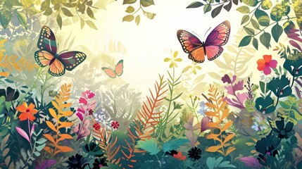 Fototapeta na wymiar a painting of two butterflies flying over a lush green field of flowers and plants on a sunny day with sunlight coming through the leaves of the tops of the trees.