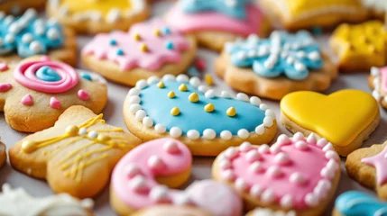 Foto op Plexiglas  a close up of a tray of cookies with frosting and sprinkles on the top of the cookies and on the bottom of the cookies is a pink, blue, yellow, white © Olga