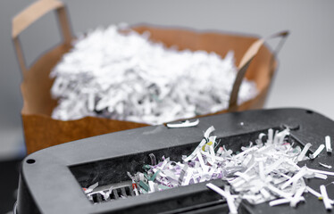 Ścinki papieru z niszczarki, zniszczone dokumenty firmowe w biurze - obrazy, fototapety, plakaty
