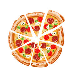 Pepperoni pizza sliced. Italian pizza with smoked sausage, mushrooms, tomato and cheese. Vector illustration.